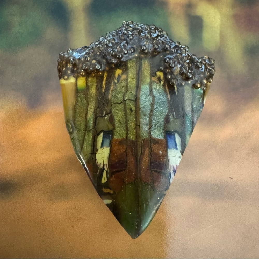 Custom made resin pin design influenced by nature earthy colors of fall